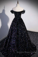 Off the Shoulder Black Sequin Semi Formal Prom Dresses, Black Long Formal Evening Dresses