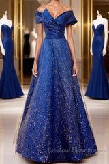 Off the Shoulder Blue Long Semi Formal Prom Dresses, Off Shoulder Long Formal Evening Dresses