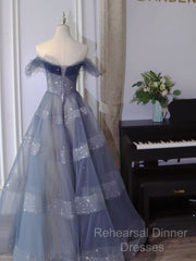 Off The Shoulder Blue Tulle A Line Long Semi Formal Prom Dress