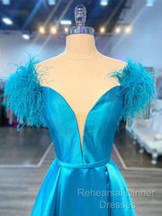 Off The Shoulder Blue V Neck Semi Formal Prom Dresses, Blue V Neck Long Formal Evening Dresses