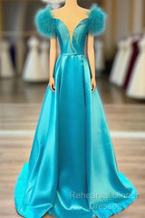 Off The Shoulder Blue V Neck Semi Formal Prom Dresses, Blue V Neck Long Formal Evening Dresses