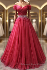 Off the Shoulder Burgundy Semi Formal Prom Dresses with Beaded Belt, Wine Red Long Formal Evening Dresses