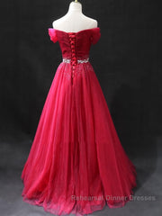 Off the Shoulder Burgundy Semi Formal Prom Dresses with Beaded Belt, Wine Red Long Formal Evening Dresses