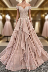 Off the Shoulder Champagne Lace Semi Formal Prom Dresses, Off Shoulder Champagne Lace Formal Evening Dresses