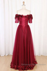 Off The Shoulder Flowers Burgundy Tulle Long Semi Formal Prom Dress