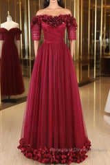 Off The Shoulder Flowers Burgundy Tulle Long Semi Formal Prom Dress