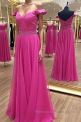 Off the Shoulder Fuchsia Long Semi Formal Prom Dresses with Belt, Off Shoulder Fuchsia Formal Evening Dresses
