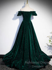 Off The Shoulder Green Black Long Semi Formal Prom Dresses, Off Shoulder Green Black Formal Evening Dresses