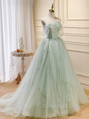 Off The Shoulder Green Tulle Long Semi Formal Prom Dresses