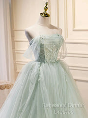 Off The Shoulder Green Tulle Long Semi Formal Prom Dresses