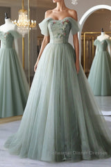 Off the Shoulder Green Tulle Long Semi Formal Prom Dresses, Green Tulle Off Shoulder Formal Evening Dresses