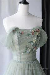 Off the Shoulder Green Tulle Long Semi Formal Prom Dresses, Green Tulle Off Shoulder Formal Evening Dresses