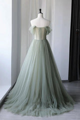 Off the Shoulder Green Tulle Long Semi Formal Prom Dresses, Green Tulle Off Shoulder Formal Evening Dresses