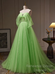 Off The Shoulder Green Tulle Long Semi Formal Prom Dresses, Off Shoulder Green Long Formal Graduation Dresses