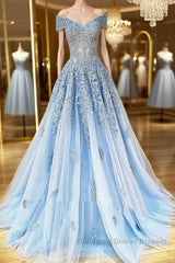 Off the Shoulder Light Blue Lace Semi Formal Prom Dresses, Off the Shoulder Blue Lace Formal Evening Dresses