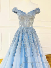 Off the Shoulder Light Blue Lace Semi Formal Prom Dresses, Off the Shoulder Blue Lace Formal Evening Dresses