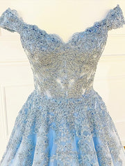 Off the Shoulder Light Blue Lace Semi Formal Prom Dresses, Off the Shoulder Blue Lace Formal Evening Dresses