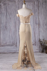 Off the Shoulder Mermaid Champagne Lace Long Semi Formal Prom Dresses, Off Shoulder Mermaid Champagne Formal Graduation Evening Dresses, Mermaid Champagne Lace Bridesmaid Dresses