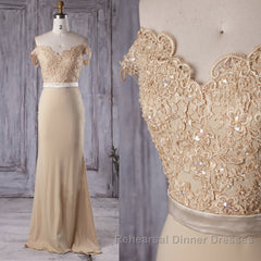 Off the Shoulder Mermaid Champagne Lace Long Semi Formal Prom Dresses, Off Shoulder Mermaid Champagne Formal Graduation Evening Dresses, Mermaid Champagne Lace Bridesmaid Dresses