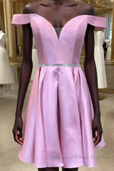 Off the Shoulder Pink Satin Short Semi Formal Prom Dresses Homecoming Dresses with Belt, Off Shoulder Pink Formal Graduation Evening Dresses