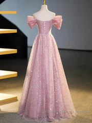 Off The Shoulder Pink Sequin Sparkle Semi Formal Prom Dress