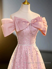 Off The Shoulder Pink Sequin Sparkle Semi Formal Prom Dress