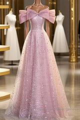 Off The Shoulder Pink Sequin Sparkle Semi Formal Prom Dress