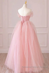 Off the Shoulder Pink Tulle Semi Formal Prom Dresses, Pink Tulle Long Formal Graduation Dresses