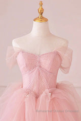 Off the Shoulder Pink Tulle Semi Formal Prom Dresses, Pink Tulle Long Formal Graduation Dresses