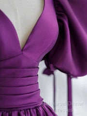 Off The Shoulder Purple Satin Long Semi Formal Prom Dresses, Purple Off Shoulder Long Formal Evening Dresses