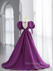 Off The Shoulder Purple Satin Long Semi Formal Prom Dresses, Purple Off Shoulder Long Formal Evening Dresses