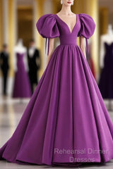 Off The Shoulder Purple Satin Long Semi Formal Prom Dresses, Purple Off Shoulder Long Formal Evening Dresses