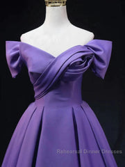 Off The Shoulder Purple Satin Ruched Semi Formal Prom Dress