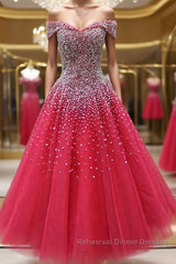 Off the Shoulder Red Long Semi Formal Prom Dresses Gown, Off the Shoulder Red Beaded Formal Evening Dresses
