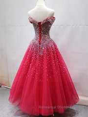 Off the Shoulder Red Long Semi Formal Prom Dresses Gown, Off the Shoulder Red Beaded Formal Evening Dresses