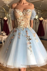 Off the Shoulder Short Blue Lace Floral Semi Formal Prom Dresses, Off the Shoulder Short Blue Lace Graduation Homecoming Dresses