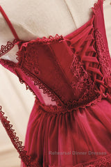 Off the Shoulder Short Burgundy Lace Semi Formal Prom Dresses, Wine Red Short Lace Formal Graduation Dresses