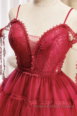 Off the Shoulder Short Burgundy Lace Semi Formal Prom Dresses, Wine Red Short Lace Formal Graduation Dresses