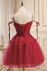 Off the Shoulder Short Burgundy Lace Semi Formal Prom Dresses, Wine Red Short Lace Formal Graduation Dresses