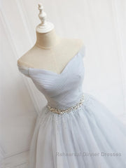 Off the Shoulder Short Gray Semi Formal Prom Dresses with Coset Back, Short Beaded Gray Graduation Homecoming Dresses