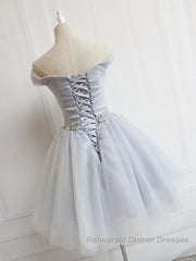 Off the Shoulder Short Gray Semi Formal Prom Dresses with Coset Back, Short Beaded Gray Graduation Homecoming Dresses