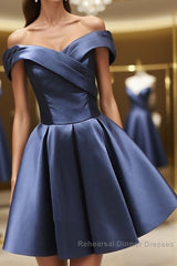 Off the Shoulder Short Navy Blue Semi Formal Prom Dresses, Short Navy Blue Formal Homecoming Graduation Dresses