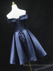 Off the Shoulder Short Navy Blue Semi Formal Prom Dresses, Short Navy Blue Formal Homecoming Graduation Dresses