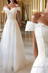 Off the Shoulder White Lace Long Semi Formal Prom Dresses withe Beading, Off Shoulder White Lace Formal Dresses, White Lace Evening Dresses