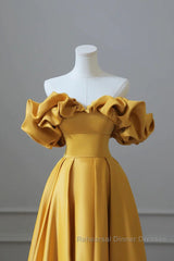 Off the Shoulder Yellow Satin Long Semi Formal Prom Dresses, Off Shoulder Yellow Long Formal Evening Dresses