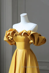 Off the Shoulder Yellow Satin Long Semi Formal Prom Dresses, Off Shoulder Yellow Long Formal Evening Dresses