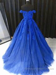 Off the Shouler Royal Blue Lace Semi Formal Prom Dresses, Off Shoulder Blue Lace Formal Evening Dresses