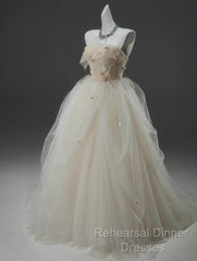 Off-White A-Line Straps Tulle Long Semi Formal Prom Dress Simple Applique Wedding Dress