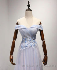 Light Blue Tulle Lace Long Semi Formal Prom Dress, Lace Evening Dress