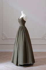 Olive Green Spaghetti Strap Satin Long Semi Formal Prom Dress, A-Line V Neck Party Dress